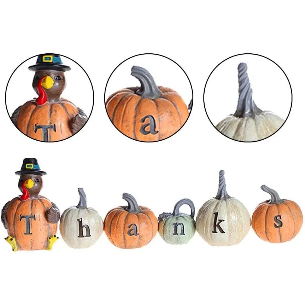 Set of 6 Hand-Painted Turkey Pumpkin with Engraved Thanksgiving Decoration